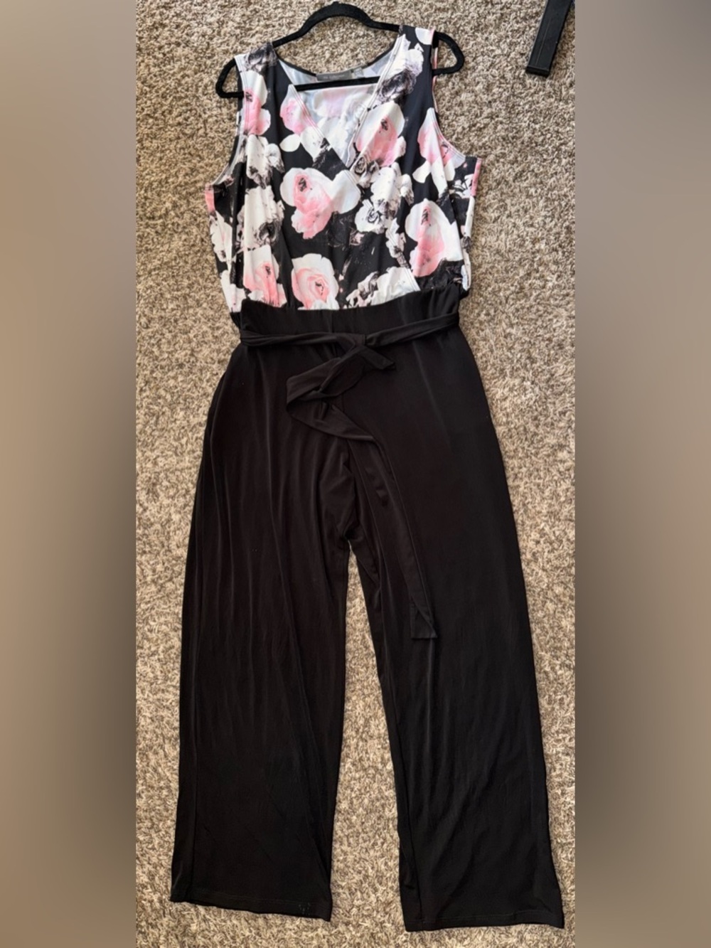 NY Collection Black Wide-Leg Floral Bodice Jumpsuit with Tie